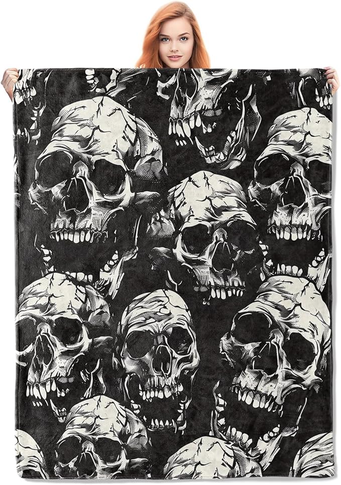 Skull Pattern Blanket, Gothic-Themed Fleece Throw with Detailed Skull Design, Soft Cozy Lightweight Blanket, for Halloween and Gothic Decor Enthusiasts, 50x60 in,Decor - sugar skull throw blanket
