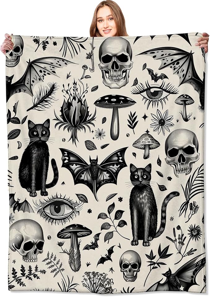 Spooky Goth Blanket Gothic Black Cats, Skulls, and Bats Throw Blankets Gifts for Girls Boys Adults Lightweight Soft Fleece Cozy for Sofa Couch Bed Room Travel Birthday Halloween Decor 50x60in - sugar skull throw blanket