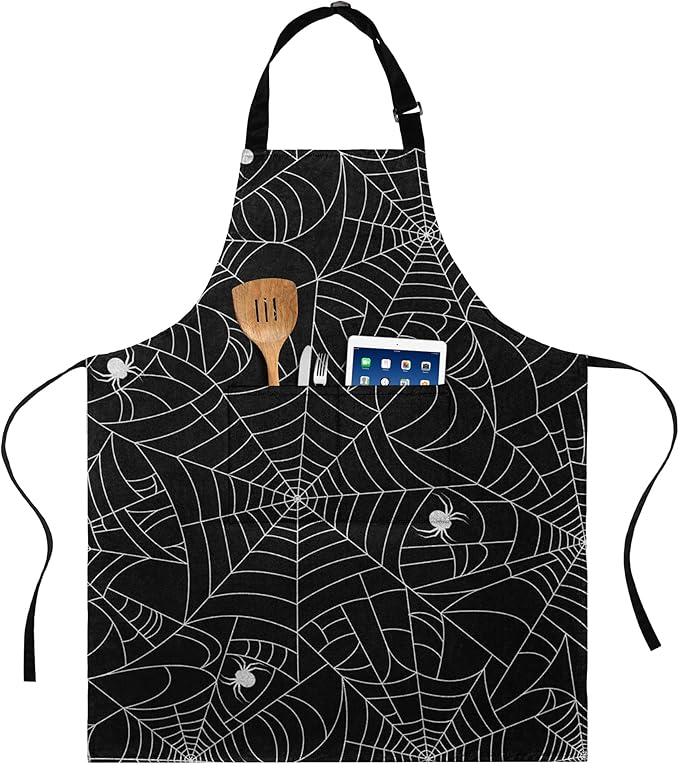 BOHARERS Apron for Halloween - Black Spider Webs Aprons for Cooking Baking Halloween Party Decorations - sugar skull apron for women