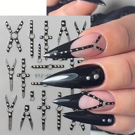 Halloween Nail Art Stickers 5D Embossed Gothic Punk Nail Decals 2PCS Skull Cross X-Shape Halloween Nails Design Supply Dark Black Belt Nail Adhesive Sliders for Women Manicure Nail Art Decorations - sugar skull nail art