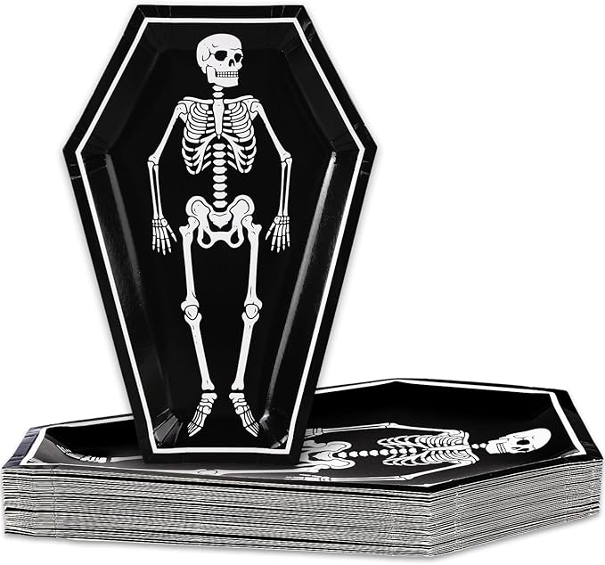40Pcs Halloween Skeleton Coffin Plates Black White Smile Skull Disposable Plates Paper Dessert Plates for Halloween Tableware Supplies, 10 Inch - sugar skull plates set