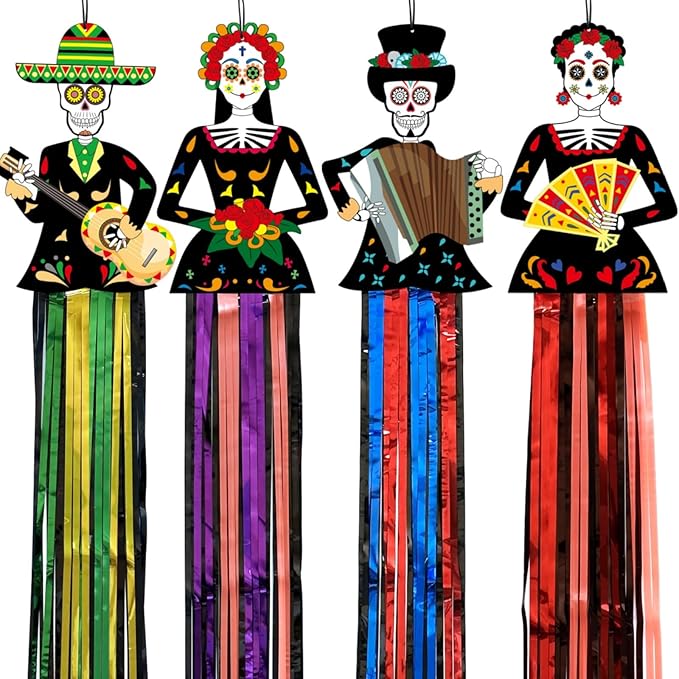 4 Pieces Large Day of The Dead Decorations, 3.7ft Dia De Los Muertos Decorations Hanging Sugar Skull Decor with Metallic Foil Fringe for Mexican Fiesta Halloween Day of The Dead Altar Indoor & Outdoor - sugar skull christmas decorations