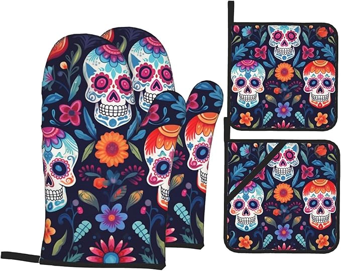 Sugar Skull Flower Oven Mitts and Pot Holders Sets,Day of The Dead Skull Kitchen Gloves Oven & Potholders, Heat Resistant Hot Pads and Oven Mittens for Cooking BBQ Baking - sugar skull oven mitts