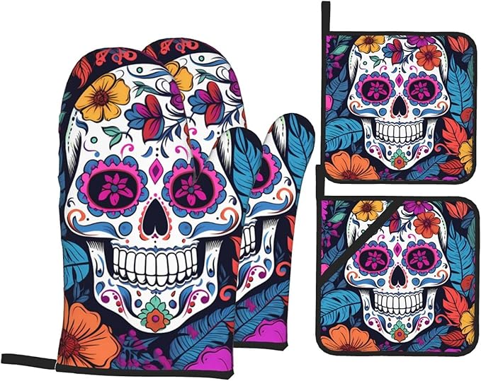 Sugar Skull Oven Mitts and Pot Holders Sets,Day of The Dead Skull Kitchen Gloves Oven & Potholders, Heat Resistant Hot Pads and Oven Mittens for Cooking BBQ Baking - sugar skull oven mitts