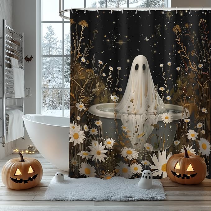 MEHOFOND Halloween Ghost and Wildflowers Shower Curtain for Bathroom Gothic Cute Spooky Ghost Waterproof Spatter Fabric Bathroom Sets with Hooks 72 x 72 Inch - sugar skull shower curtain set