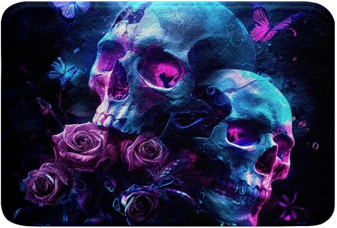 Hippie Sugar Skull Bathroom Rugs Pink Rose Floral Bath Mat, Gothic Skeleton Non-Slip Bath Rug Happy Halloween Theme Floor Rugs for Shower Bathtub, Boho Flower Blossoms Bedroom Mat Festival Gifts - sugar skull toilet mat set