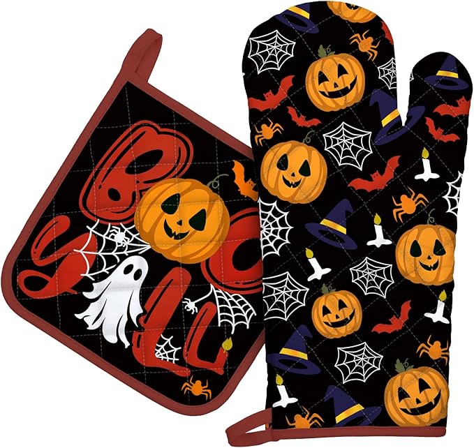Halloween Pumpkin Oven Mitts and Pot Holders Sets 2Pcs, 100% Cotton Heat Resistant, Extra Long Oven Gloves Potholder for Kitchen Cooking Baking Decoration - sugar skull oven mitts