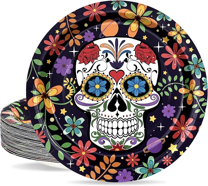 Halloween Paper Plates Day of The Dead Disposable Plates 9 Inch Mexican Sugar Skull Tableware Dinner Plates for Home Party Decor, 50Pcs - sugar skull plates set