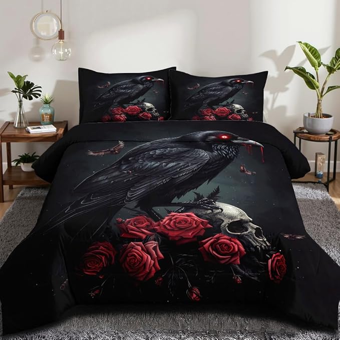 Black Crow Red Rose Skull Comforter Set Queen Size Halloween Gothic Roses Skeleton Bedding Set Holiday Decoration Bedding Black Floral Bird Down Comforters Soft Microfiber Comforter Sets - sugar skull bedding set