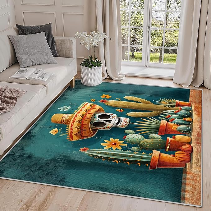 Generic 2x3 Rug, Sugar Skull Door Mat Washable Non Slip Soft for Entryway, Mexican Day of The Dead Rug, Skeleton Cactus Carpet, Sugar Skull Home Decor & Gifts - sugar skull area rug