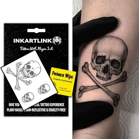 INKARTLINK Semi-Permanent Tattoo Stickers, Cool Boy Party Skull Tattoos, Exquisite and Realistic Designs, Fun Tattoo Experience, Non-reflective, Waterproof (Jolly Roger) - sugar skull temporary tattoo