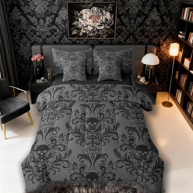 Erosebridal Gothic Damask Bed in a Bag King Size Comforter Set 7 Pieces,Sugar Skull Bedding Sets Black Grey Victorian Floral Goth Sheet Set with Comforter - sugar skull bedding set