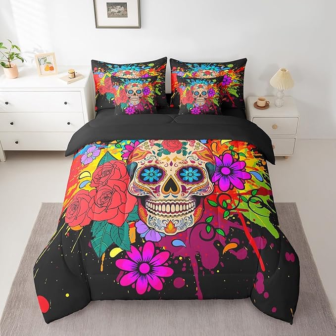Erosebridal Goth Sugar Skull Bed in a Bag King Size Comforter Set 7 Pieces,Rainbow Tie Dye Bedding Sets Bohemian Flowers Sheet Set with Comforter - sugar skull bedding set