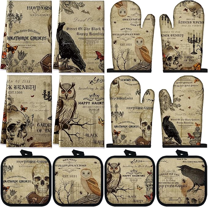 12 Pcs Gothic Kitchen Towels Pot Holders and Oven Mitts Set 4 Raven Dish Towels 4 Skull Oven Mitts 4 Owl Pot Holders for Gothic Home Cooking Dish Baking Decorative - sugar skull oven mitts