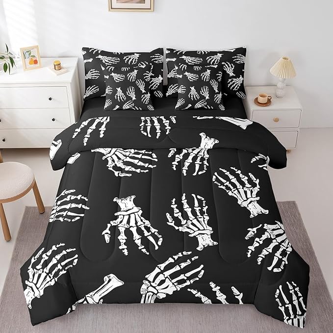 Erosebridal Skeleton Hand 7 Piece Comforter Set Full Bed in a Bag,Sugar Skull Bedding Sets Gothic Bone Sheet Set with Comforter - sugar skull bedding set