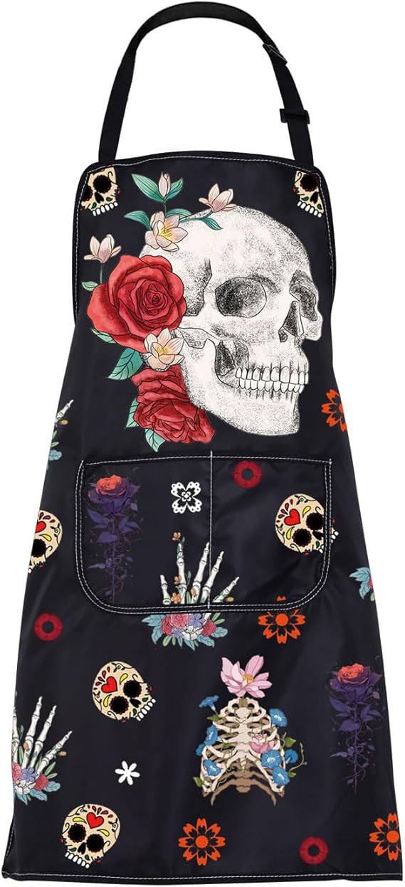 FUSTMW Skull Cooking Apron with Pockets Skeleton Lover Gifts Funny Skull Head Gifts Kitchen Chef Cooking BBQ Grill Apron - sugar skull apron for women
