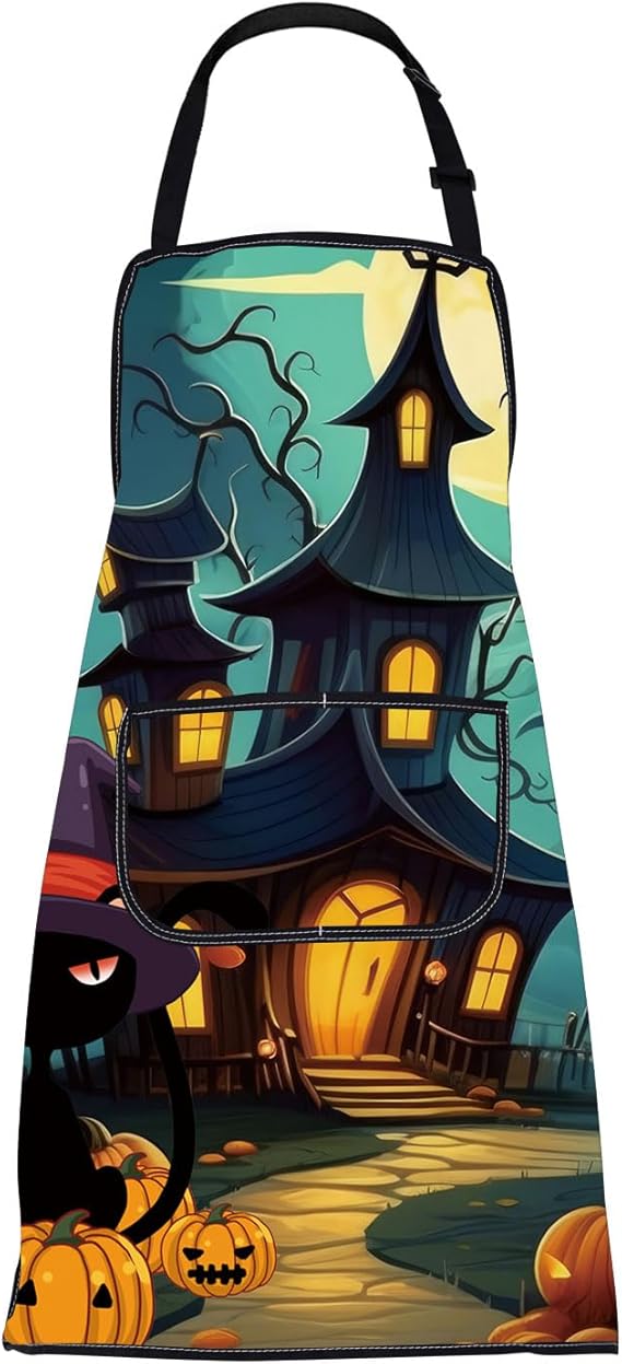 FUSTMW Halloween Aprons for Men Women Happy Halloween Gifts Halloween Cooking Kitchen Chef BBQ Grill Apron with Pocket - sugar skull apron for women