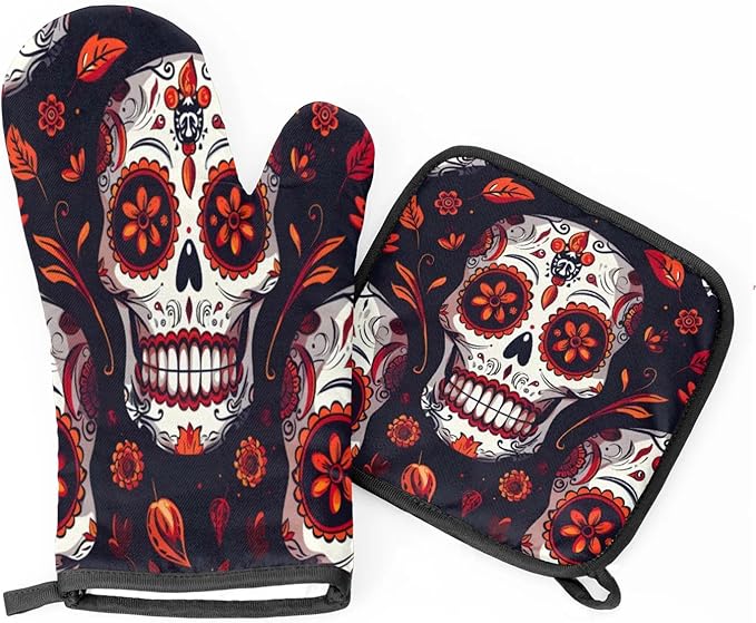 Sugar Skull Oven Mitts and Pot Holder Set of 2, Kitchen Heat Insulation Pads Non-Slip Potholders Mexican Floral Skeleton Baking Gloves for BBQ Cooking Baking - sugar skull oven mitts