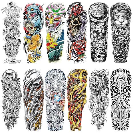 Halloween Scary Full Arm Temporary Tattoo for Men, 12 Sheets Skull Skeleton Sleeve Tattoos Temporary, Demon Horrible Fake Tattoos That Look Real, Tigers, Dragon, Japanese, Wolf BBQ Pool Beach Party - sugar skull temporary tattoo
