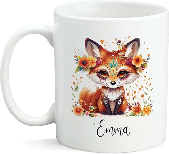 Novelty Mexican Festival Themed Coffee Mug, Personalized Name Lovely Fox And Flower Sugar Skull Coffee Cup, Customized Holiday Cup Gift For Fox Lovers Friend, Artistic Cup 11Oz - sugar skull coffee cup