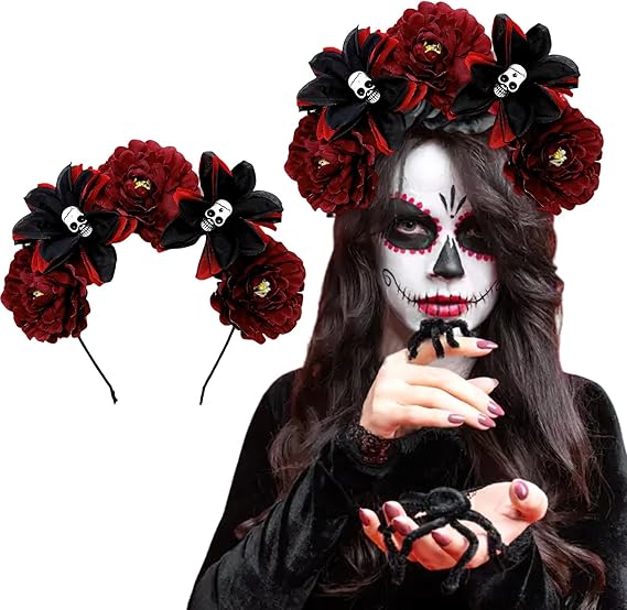 AUOCATTAIL Halloween Skull Rose Headband Mexican Red Flower Crown Gothic Horror Headwear for Party Costume Cosplay Headwear - sugar skull flower crown