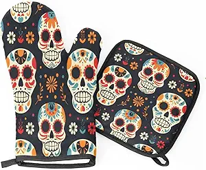 Sugar Skull Floral Oven Mitts and Pot Holder Set of 2, Kitchen Heat Insulation Pads Non-Slip Potholders Flowers Skull Skeleton Baking Gloves for BBQ Cooking Baking - sugar skull oven mitts