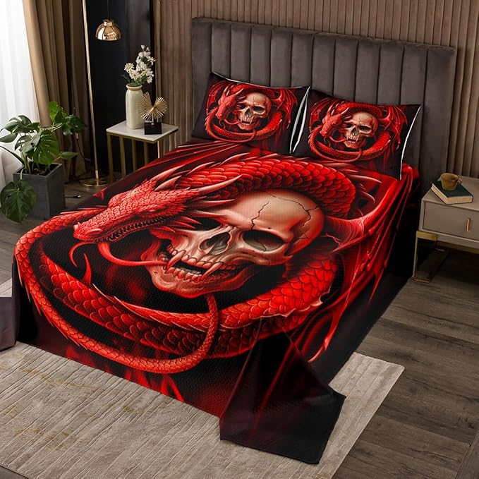Erosebridal Sugar Skull Bedding Set Skull Skeleton Queen Quilt Set,Dragon Animal Coverlet Set Black Red Bedspread Quilt Gothic Style Quilt Bedding Set Halloween Bedroom Decor for Kids Boys,Cozy - sugar skull bedding set