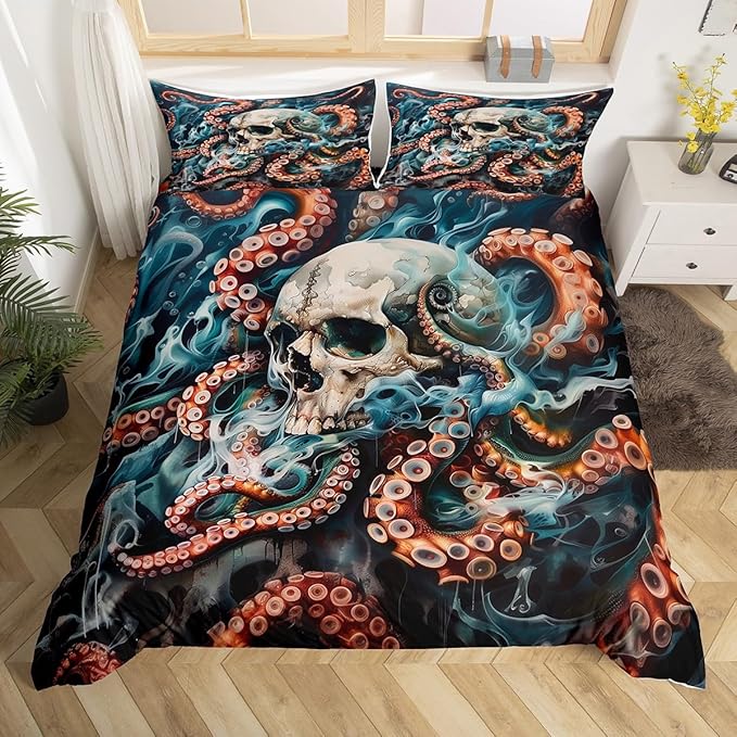 Sugar Skull Duvet Cover Set Full Size,Red Octopus Tentacles Bedding Set 3Pcs for Kids Girls Boys Teens Bedroom Decor,Trippy Skeleton Comforter Cover Ocean Animals Quilt Cover,No Comforter - sugar skull bedding set