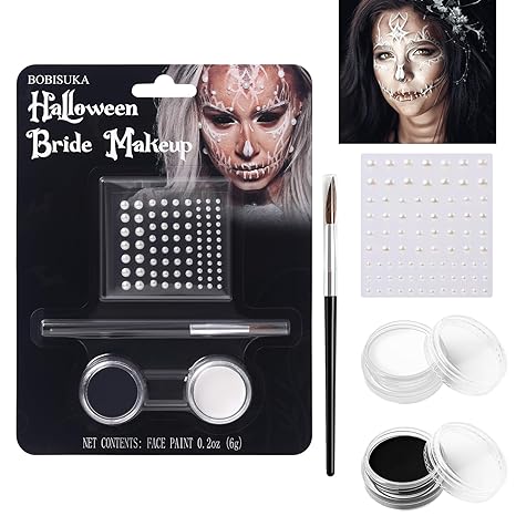 BOBISUKA Black & White Face Paint Kit, Halloween Makeup Kit Includes Paint, Brush, Costume Accessories Crystal Sheet for Skeleton SFX Makeup - sugar skull makeup kit