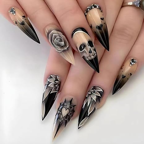 Halloween Press on Nails Long Almond Fake Nails Goth Skull Black Rose False Nails with Design Rhinestone Acrylic Glue on Nails Glossy Full Cover Stiletto Artificial Stick on Nails for Women Manicure - sugar skull nail art