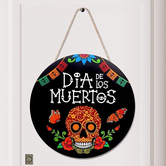Dia De Los Muertos Skeleton Wooden Door Sign Day of the Dead Hanging Sign Sugar Skull Hanging Wall Welcome Sign Mexican Themed Party Decorations Halloween Tree Ornaments for Home - sugar skull christmas ornament