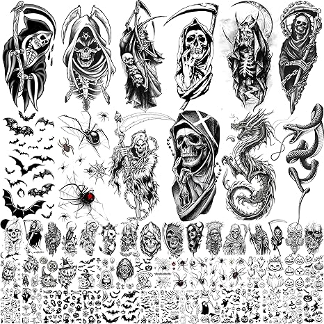 61 Sheets Halloween Temporary Tattoos for Men Women Adults, 12 Sheets Skeleton Death Skull Demon Devil Half Arm Sleeve Fake Tattoo Stickers, 49 Sheets Spider Web Bat Snake Vampire Scar Face Tattoos - sugar skull temporary tattoo