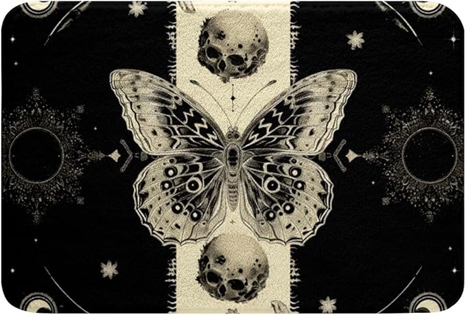Erosebridal Boho Butterfly Bath Mat for Boys Girls Chic Animal Bathroom Rug 16x24,Sugar Skull Door Mat Psychedelic Galaxy Bath Rug Glitter Sun Moon Stars Bathroom Mat Gothic Style - sugar skull toilet mat set