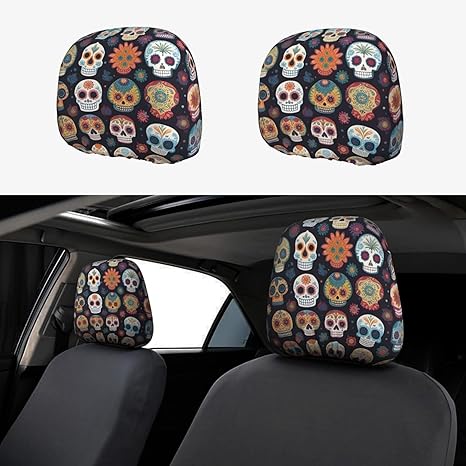 Sugar Skulls Print Pattern Car Headrest Cover 2 Pcs Interior Accessories Decoration Fit Cars Vans Trucks Universal Seat Accessories - sugar skull car seat covers set