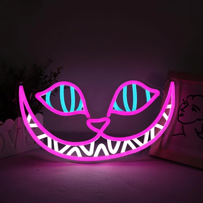 Cheshire Cat Neon Signs Alice in Wonderland Neon Light for Wall Art Decor, Smile Cat LED Lights for Dimmable LED Lights for Bedroom Man Cave Party Bar Background Decoration Birthday Gifts - sugar skull table lamp