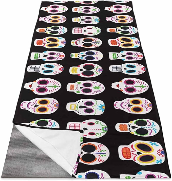 Yoga Mat Towel Halloween Sugar Skull Day of The Dead Pattern Black Non Slip Hot Yoga Mat Towel with Corner Pockets Absorbent Microfiber Yoga Towels for Hot Yoga, Bikram, Pilates, 26x74 Inch - sugar skull yoga mat