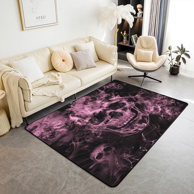 Feelyou Sugar Skull Living Room Rugs Area Rug 5x7 Gothic Skull Accent Rug for Kids Teens Adults Halloween Themed Indoor Floor Mat Smokey Pink Black Decorative Rug - sugar skull area rug