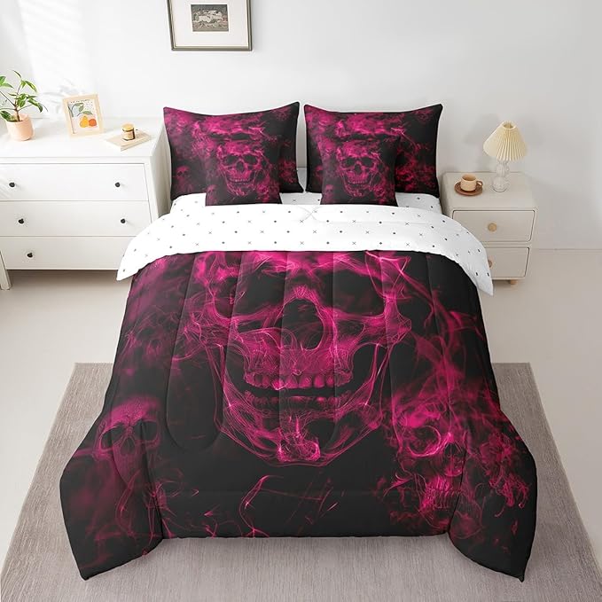 Feelyou Sugar Skull Bedding Set King Size 7 Pcs, Gothic Skull Bed Set Halloween Themed Comforter Set With Sheets, Smokey Hot Pink Black Bed in a Bag with Comforter, Sheets, Pillowcases & Cushion Cover - sugar skull bedding set
