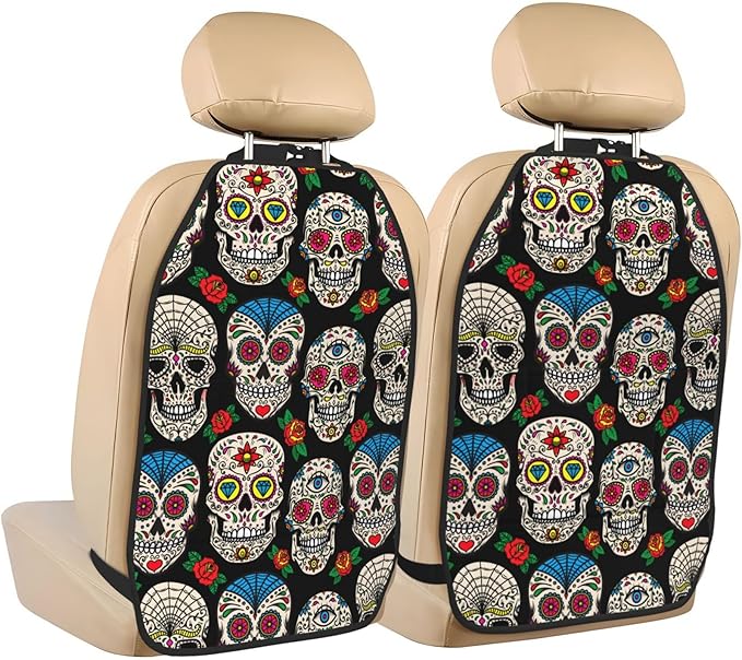 Sugar Skulls and Roses 2 Pack Car Seat Organizer Kick Mats Car Back Seat Protectorcar for Car, SUV, Truck, Minivan Organization Accessories Automotive Interior Protectors - sugar skull car floor mats