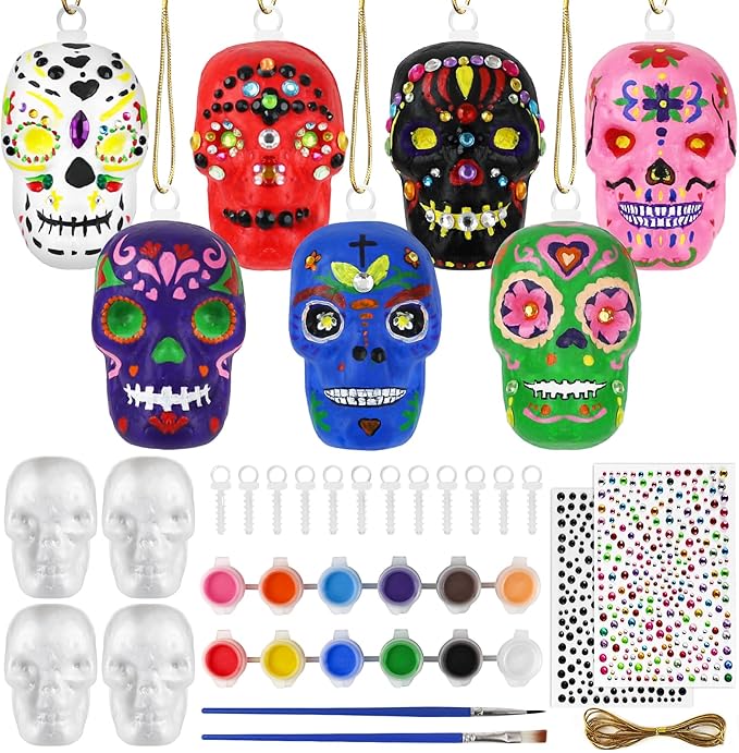 12PCS Day of the Dead Ornaments-Dia De Los Muertos Sugar Skull Decorations Crafts Kit, DIY Halloween Hanging Foam Skeleton Head Decor for Altar De Muertos Halloween Party Christmas Tree Decorations - sugar skull christmas ornament