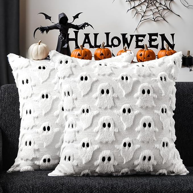 DFXSZ Halloween Pillow Covers 18x18 inch Set of 2 White Ghost Throw Pillow Cases Soft Plush Faux Fur Wool Couch Cushion Case for Chair Sofa Bedroom Living Room Home Decor PTK03A18 - sugar skull throw pillow