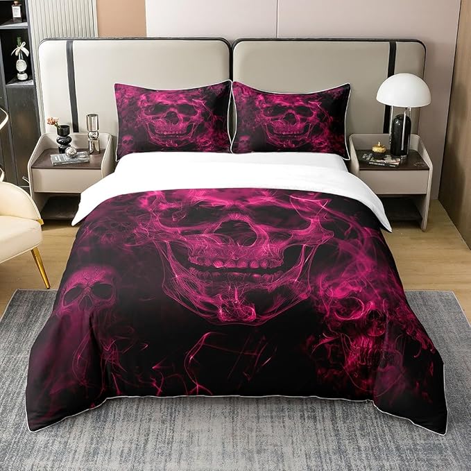 Feelyou Sugar Skull Bedding Set Full Gothic Skull Comforter Cover Set Adults Halloween Themed 100% Cotton Duvet Cover Smokey Hot Pink Black Bedspread Cover Room Decor 3Pcs with 2 Pillow Case - sugar skull bedding set