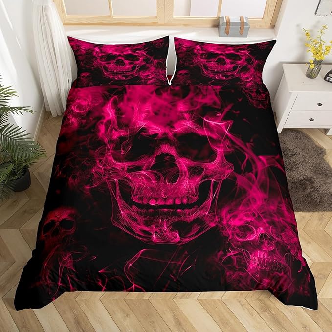 Feelyou Sugar Skull Bedding Set Queen Size Gothic Skull Comforter Cover Set for Kids Teens Adults Halloween Themed Duvet Cover Smokey Hot Pink Black Bedspread Cover Room Decor 3Pcs with 2 Pillow Case - sugar skull bedding set