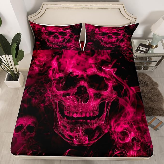 Feelyou Sugar Skull Fitted Sheet Queen Size Gothic Skull Bedding Set for Kids Teens Adults Halloween Themed Bed Sheet Set Smokey Hot Pink Black Bed Cover Room Decor 3Pcs with 2 Pillow Case - sugar skull bedding set