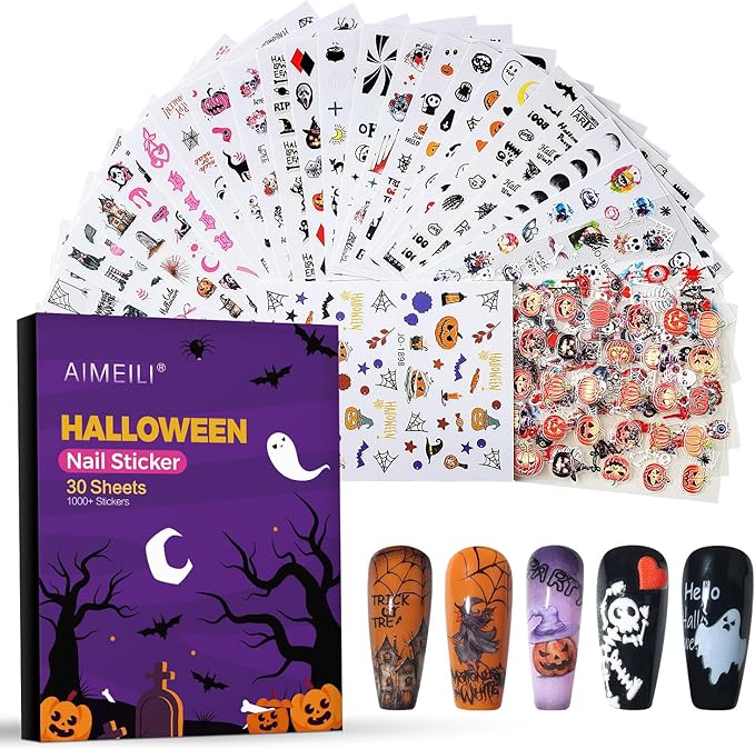 AIMEILI Halloween Nail Stickers - 3D Designs: Ghost, Skull, Spider, Pumpkin - DIY Holiday Nail Art, 30 Sheets - sugar skull nail art