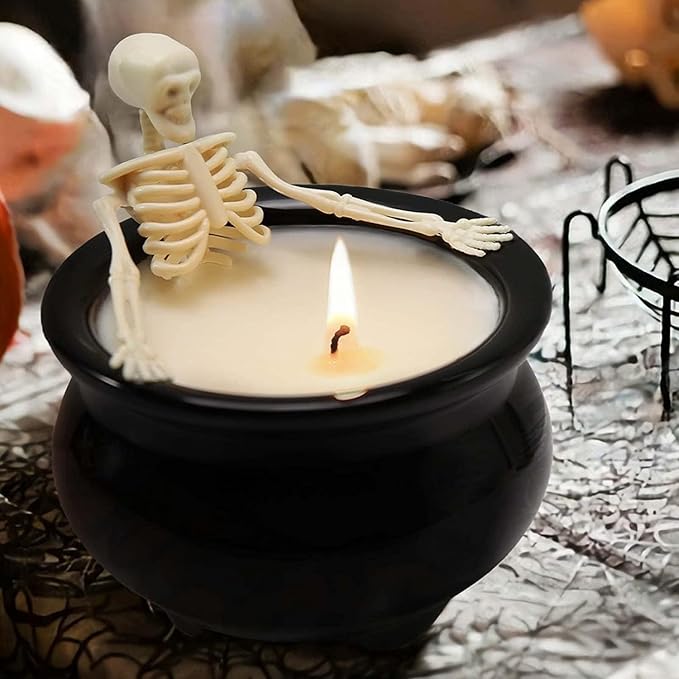 Skeleton Candle Decorations Indoor, Gothic Vintage Fall Home Decor for Farmhouse Room Apartment Table Desk, Decorative Skull Present, Gag Birthday White Elephant Gifts for Women Men Friends - sugar skull candle holder