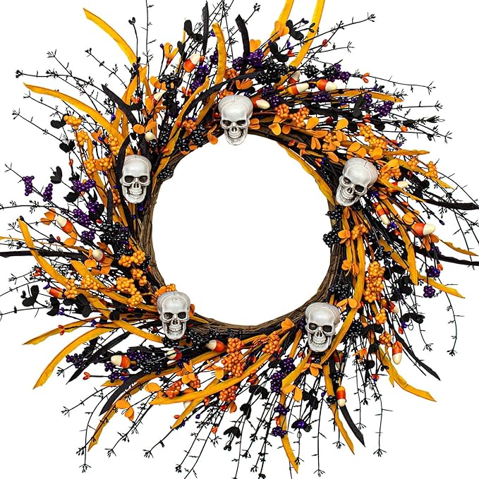 JINGHONG Artificial Halloween Wreath 22 Inch Black Halloween Wreaths for Front Door Skull Wreath with Candy Berries for Party Wall Porch Decor - sugar skull wreath for front door
