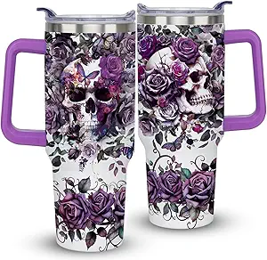 40oz Skull Goth Tumbler with Handle Gifts for Women Halloween Tumbler with Lid and Straw Horror Skeleton Stainless Steel Insulated Travel Coffee Cups - sugar skull tumbler with straw