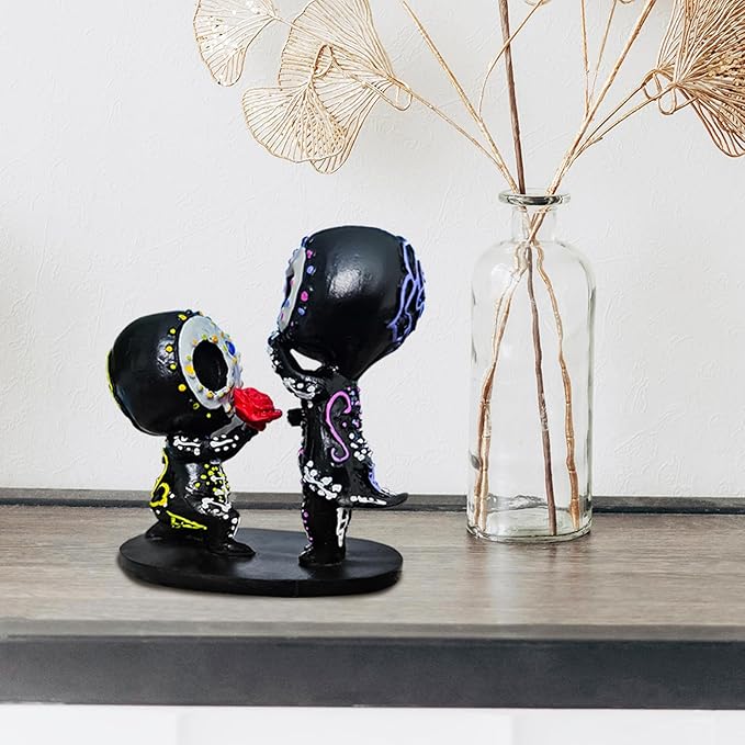 Sugar Skull Statue couple, Resin Hand-Crafted Sugar Skull Decor, Skeleton Head Statue for Home Decor - sugar skull throw pillow