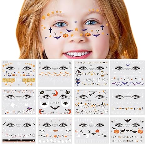 Halloween Face Temporary Tattoos for Kids 12 Sheets Day of the Dead Pumpkin Spider Bat Ghost Tattoo Stickers Cute Face Makeup Decals for Halloween Party Decorations - sugar skull temporary tattoo